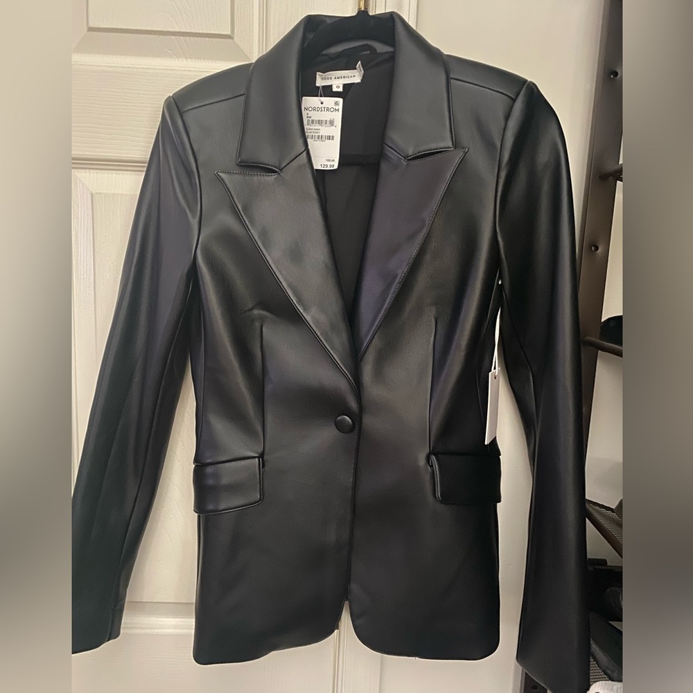 Good American black leather blazer